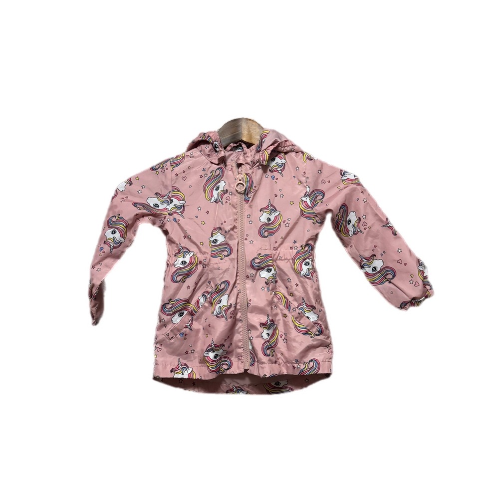 H&M Windbreaker Jacket Kids 3T Pink Excellent Unicorn Print Hooded‎ Zip Up